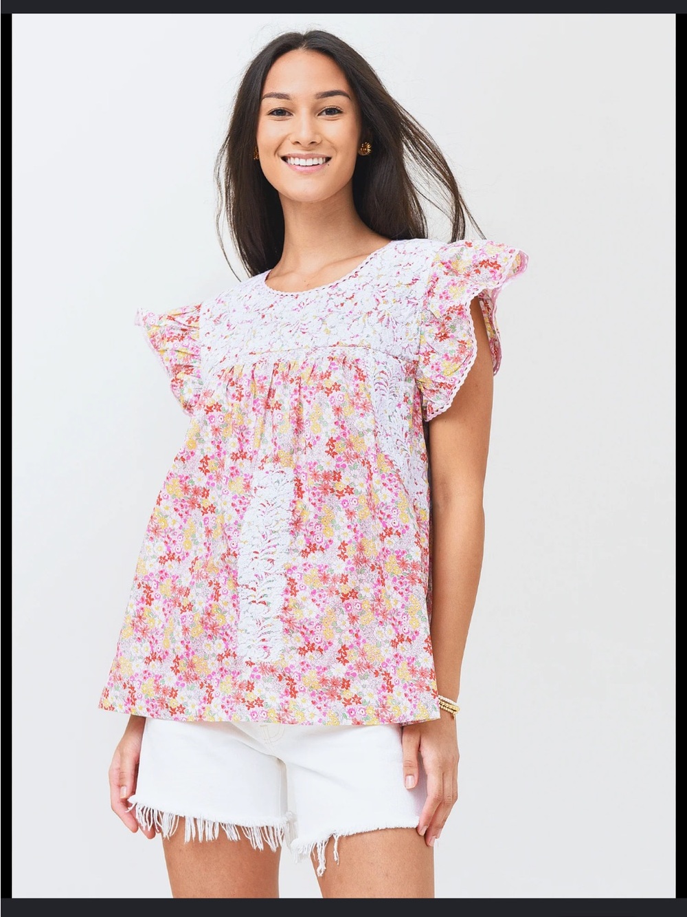J. Marie Floral Embroidered Lela Ruffle Top Boho Spring Size Medium Lined